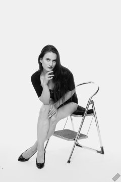 2019-12-14 Kristine Gold in retro-style black posture top and high waist control briefs performing her posing repertoire