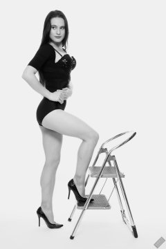 2019-12-14 Kristine Gold in retro-style black posture top and high waist control briefs performing her posing repertoire