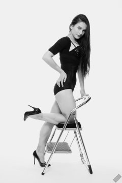 2019-12-14 Kristine Gold in retro-style black posture top and high waist control briefs performing her posing repertoire