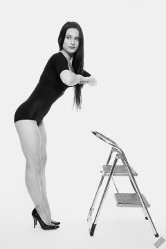 2019-12-14 Kristine Gold in retro-style black posture top and high waist control briefs performing her posing repertoire