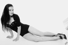 2019-12-14 Kristine Gold in retro-style black posture top and high waist control briefs performing her posing repertoire