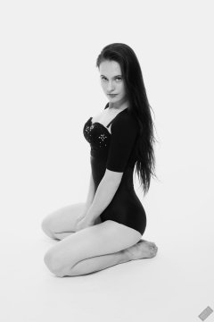 2019-12-14 Kristine Gold in retro-style black posture top and high waist control briefs performing her posing repertoire