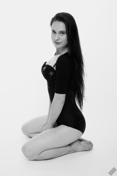 2019-12-14 Kristine Gold in retro-style black posture top and high waist control briefs performing her posing repertoire