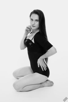 2019-12-14 Kristine Gold in retro-style black posture top and high waist control briefs performing her posing repertoire