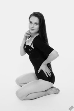 2019-12-14 Kristine Gold in retro-style black posture top and high waist control briefs performing her posing repertoire