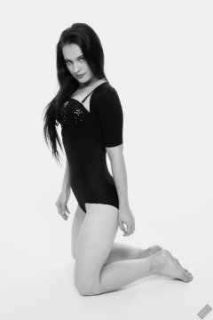 2019-12-14 Kristine Gold in retro-style black posture top and high waist control briefs performing her posing repertoire