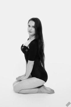 2019-12-14 Kristine Gold in retro-style black posture top and high waist control briefs performing her posing repertoire