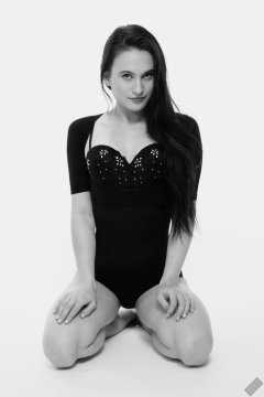 2019-12-14 Kristine Gold in retro-style black posture top and high waist control briefs performing her posing repertoire