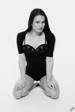 2019-12-14 Kristine Gold in retro-style black posture top and high waist control briefs performing her posing repertoire