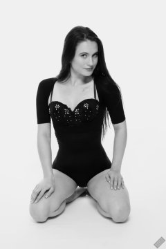 2019-12-14 Kristine Gold in retro-style black posture top and high waist control briefs performing her posing repertoire