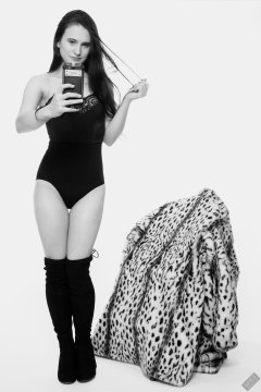 2019-12-14 Kristine Gold in black vintage longline strapless bra-top and matching high-waist control briefs, with her own black leather thigh boots