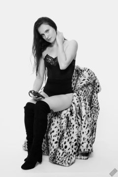 2019-12-14 Kristine Gold in black vintage longline strapless bra-top and matching high-waist control briefs, with her own black leather thigh boots