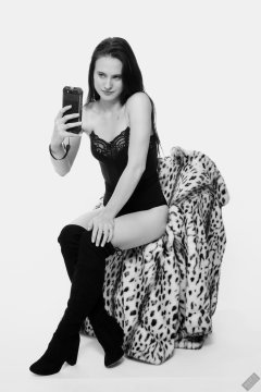 2019-12-14 Kristine Gold in black vintage longline strapless bra-top and matching high-waist control briefs, with her own black leather thigh boots