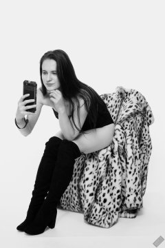 2019-12-14 Kristine Gold in black vintage longline strapless bra-top and matching high-waist control briefs, with her own black leather thigh boots