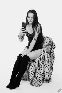 2019-12-14 Kristine Gold in black vintage longline strapless bra-top and matching high-waist control briefs, with her own black leather thigh boots