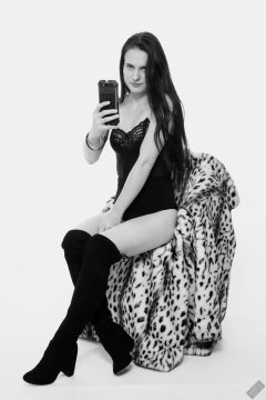 2019-12-14 Kristine Gold in black vintage longline strapless bra-top and matching high-waist control briefs, with her own black leather thigh boots