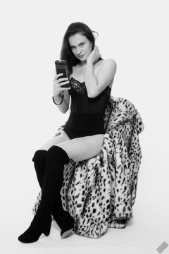 2019-12-14 Kristine Gold in black vintage longline strapless bra-top and matching high-waist control briefs, with her own black leather thigh boots