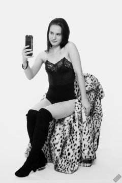 2019-12-14 Kristine Gold in black vintage longline strapless bra-top and matching high-waist control briefs, with her own black leather thigh boots