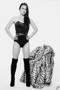 2019-12-14 Kristine Gold in black vintage longline strapless bra-top and matching high-waist control briefs, with her own black leather thigh boots