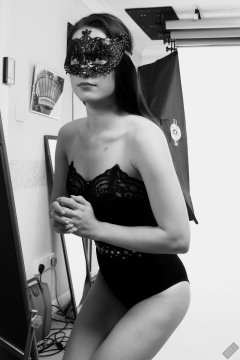 2019-12-14 Kristine Gold in black vintage longline strapless bra-top and matching high-waist control briefs, with her own black leather thigh boots