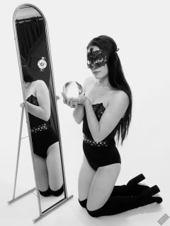 2019-12-14 Kristine Gold mirror shot, in black vintage longline strapless bra-top and matching high-waist control briefs, with her own black leather thigh boots