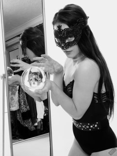 2019-12-14 Kristine Gold mirror shot, in black vintage longline strapless bra-top and matching high-waist control briefs, with her own black leather thigh boots