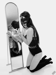 2019-12-14 Kristine Gold mirror shot, in black vintage longline strapless bra-top and matching high-waist control briefs, with her own black leather thigh boots