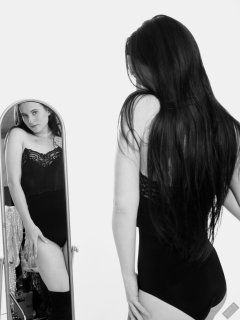 2019-12-14 Kristine Gold mirror shot, in black vintage longline strapless bra-top and matching high-waist control briefs, with her own black leather thigh boots