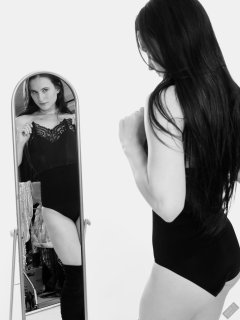 2019-12-14 Kristine Gold mirror shot, in black vintage longline strapless bra-top and matching high-waist control briefs, with her own black leather thigh boots