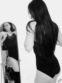 2019-12-14 Kristine Gold mirror shot, in black vintage longline strapless bra-top and matching high-waist control briefs, with her own black leather thigh boots