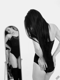 2019-12-14 Kristine Gold mirror shot, in black vintage longline strapless bra-top and matching high-waist control briefs, with her own black leather thigh boots