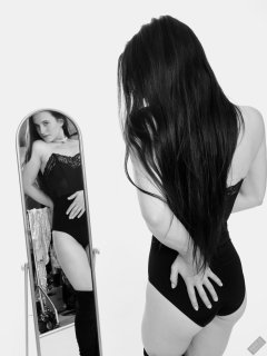 2019-12-14 Kristine Gold mirror shot, in black vintage longline strapless bra-top and matching high-waist control briefs, with her own black leather thigh boots