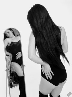 2019-12-14 Kristine Gold mirror shot, in black vintage longline strapless bra-top and matching high-waist control briefs, with her own black leather thigh boots