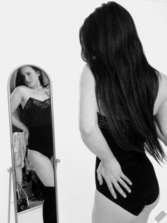 2019-12-14 Kristine Gold mirror shot, in black vintage longline strapless bra-top and matching high-waist control briefs, with her own black leather thigh boots