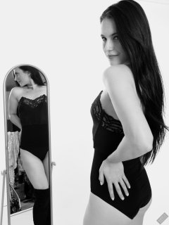 2019-12-14 Kristine Gold mirror shot, in black vintage longline strapless bra-top and matching high-waist control briefs, with her own black leather thigh boots