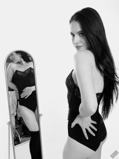 2019-12-14 Kristine Gold mirror shot, in black vintage longline strapless bra-top and matching high-waist control briefs, with her own black leather thigh boots