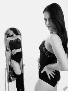 2019-12-14 Kristine Gold mirror shot, in black vintage longline strapless bra-top and matching high-waist control briefs, with her own black leather thigh boots