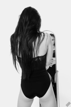 2019-12-14 Kristine Gold mirror shot, in black vintage longline strapless bra-top and matching high-waist control briefs, with her own black leather thigh boots