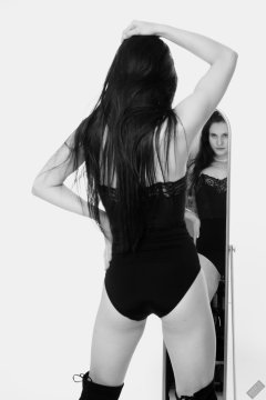 2019-12-14 Kristine Gold mirror shot, in black vintage longline strapless bra-top and matching high-waist control briefs, with her own black leather thigh boots