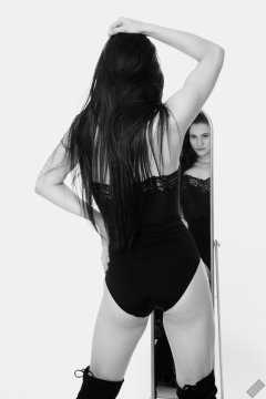 2019-12-14 Kristine Gold mirror shot, in black vintage longline strapless bra-top and matching high-waist control briefs, with her own black leather thigh boots