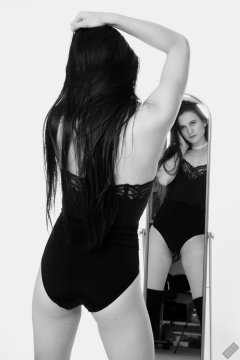 2019-12-14 Kristine Gold mirror shot, in black vintage longline strapless bra-top and matching high-waist control briefs, with her own black leather thigh boots