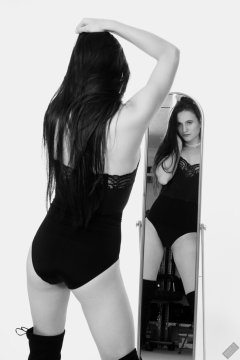 2019-12-14 Kristine Gold mirror shot, in black vintage longline strapless bra-top and matching high-waist control briefs, with her own black leather thigh boots