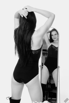 2019-12-14 Kristine Gold mirror shot, in black vintage longline strapless bra-top and matching high-waist control briefs, with her own black leather thigh boots