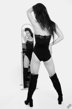 2019-12-14 Kristine Gold mirror shot, in black vintage longline strapless bra-top and matching high-waist control briefs, with her own black leather thigh boots