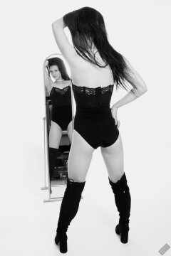 2019-12-14 Kristine Gold mirror shot, in black vintage longline strapless bra-top and matching high-waist control briefs, with her own black leather thigh boots