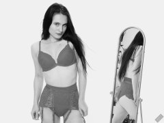 2019-12-14 Kristine Gold vintage pinup christmas shoot in red bra and girdle, mirror shot