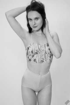 2019-12-14 Kristine Gold in retro  beige top and lycra pantie girdle.