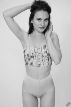 2019-12-14 Kristine Gold in retro  beige top and lycra pantie girdle.