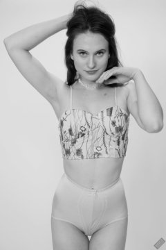 2019-12-14 Kristine Gold in retro  beige top and lycra pantie girdle.