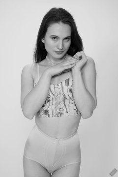 2019-12-14 Kristine Gold in retro  beige top and lycra pantie girdle.